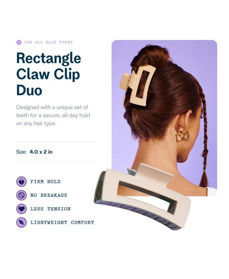 Rectangle Claw Clip Duo - Hair Clips with Velvet-Like Finish for All Hair Types - Women s Claw Clip Set - 2 Pack