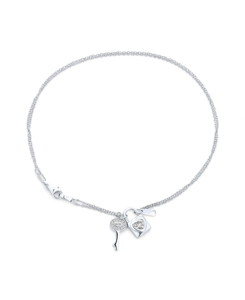 Romantic Key to Her Heart, Lock, Key Charm Anklet Double Strand Ankle Bracelet .925 Sterling Silver