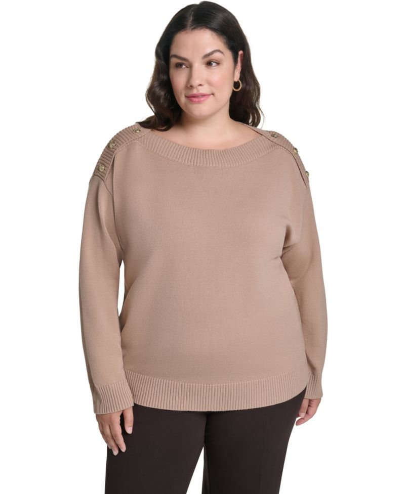 Plus Size Boatneck Button Shoulder Overlay Sweater