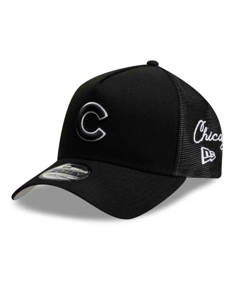 Men's Black Chicago Cubs Side Script 9FORTY A-Frame Trucker Adjustable Hat