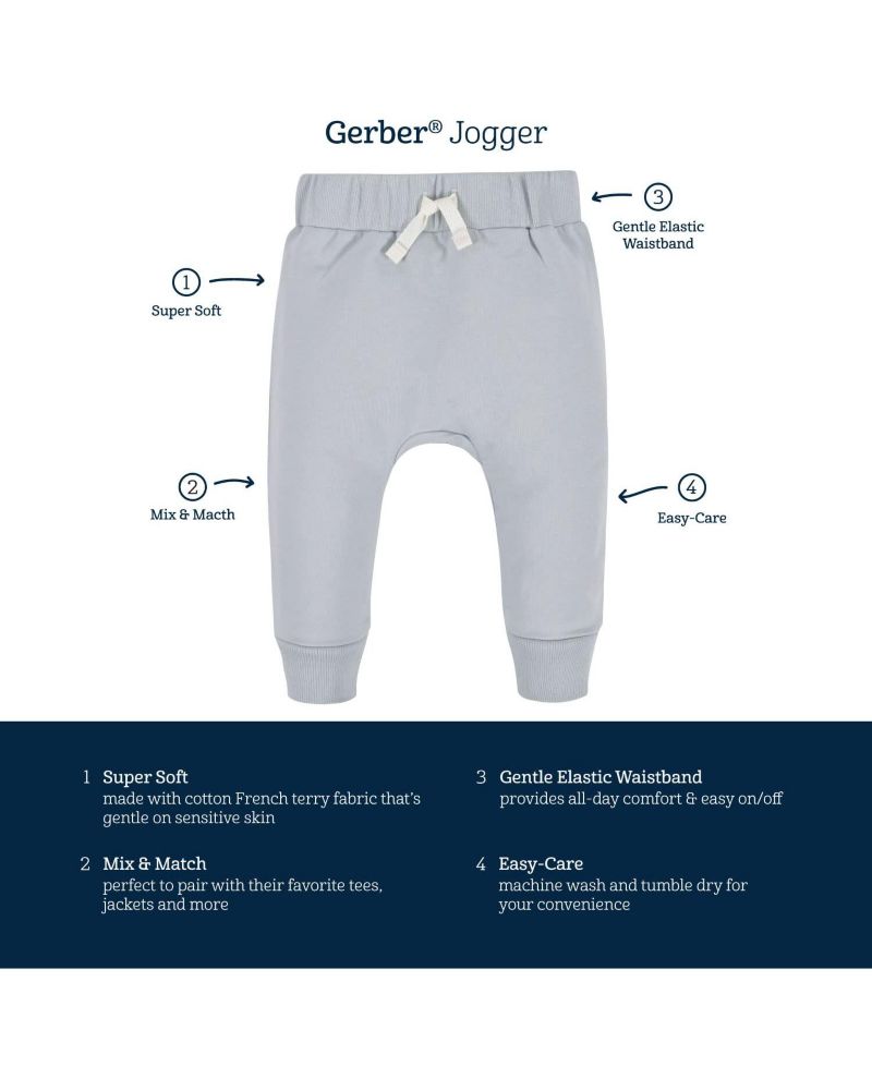 Baby Boys Navy and Grey Premium Joggers, 3-Pack