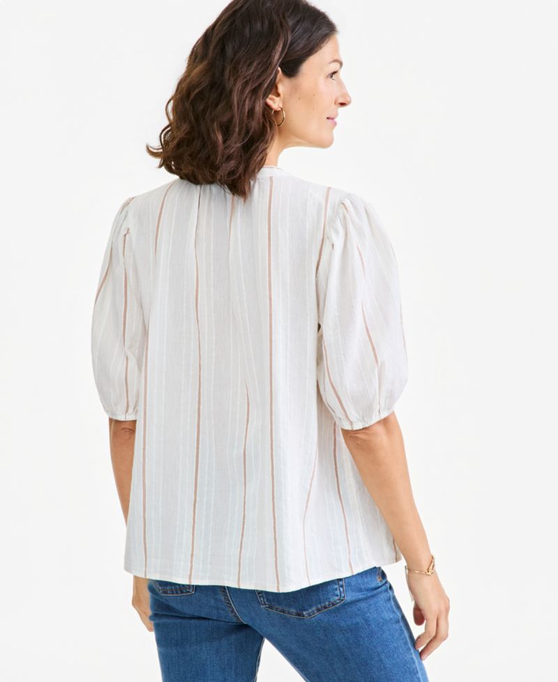 Women's Smocked Elbow-Sleeve Cotton-Linen Blend Top