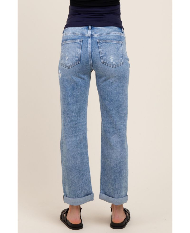 Women's Light Blue Ripped Knee Rolled Cuff Straight Leg Jeans