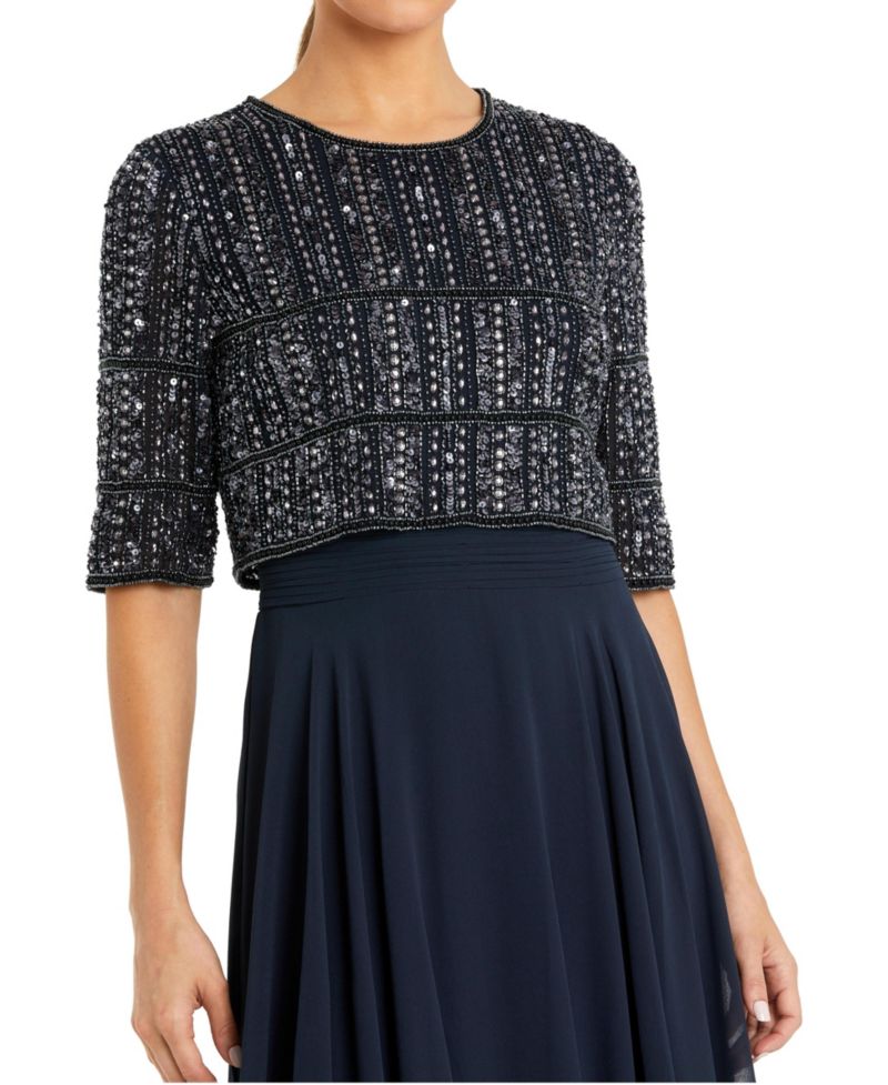 Women's Chiffon Gown with Fully Beaded Quarter Sleeve Bodice