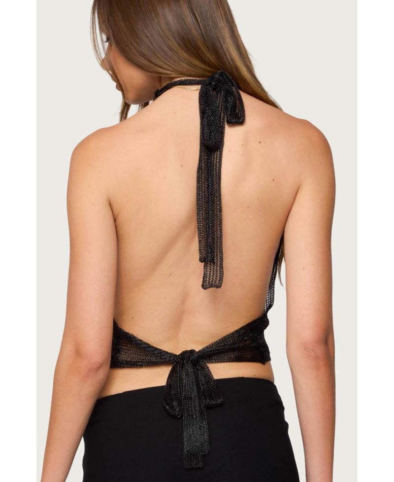 Women's Shiny Knit Cowl Neck Backless Top