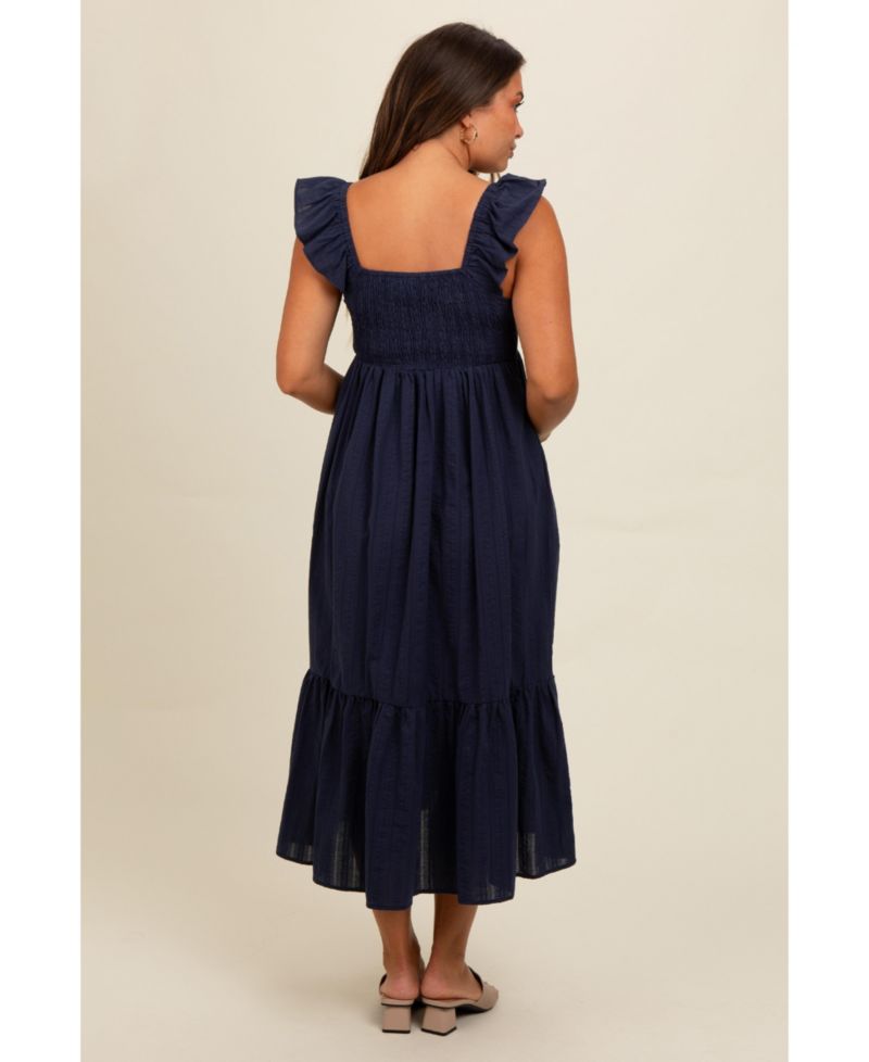 Women's Navy Blue Textured Cotton Ruffle Strap Midi Dress