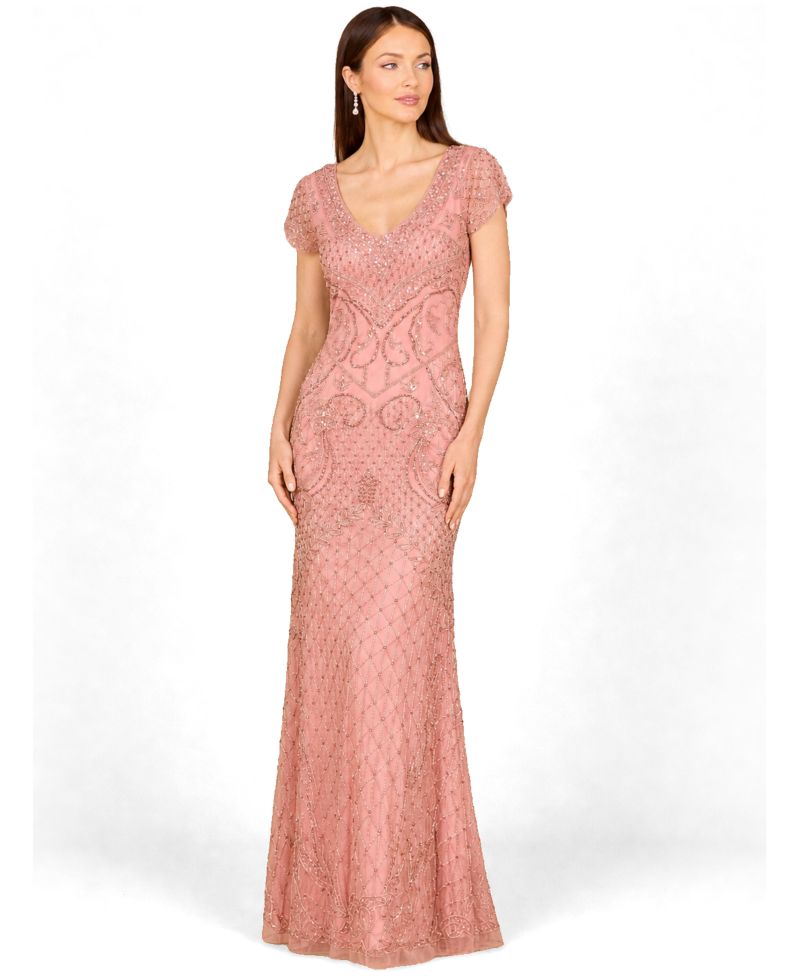Women's Beaded Cap Sleeve Gown With V-Neckline