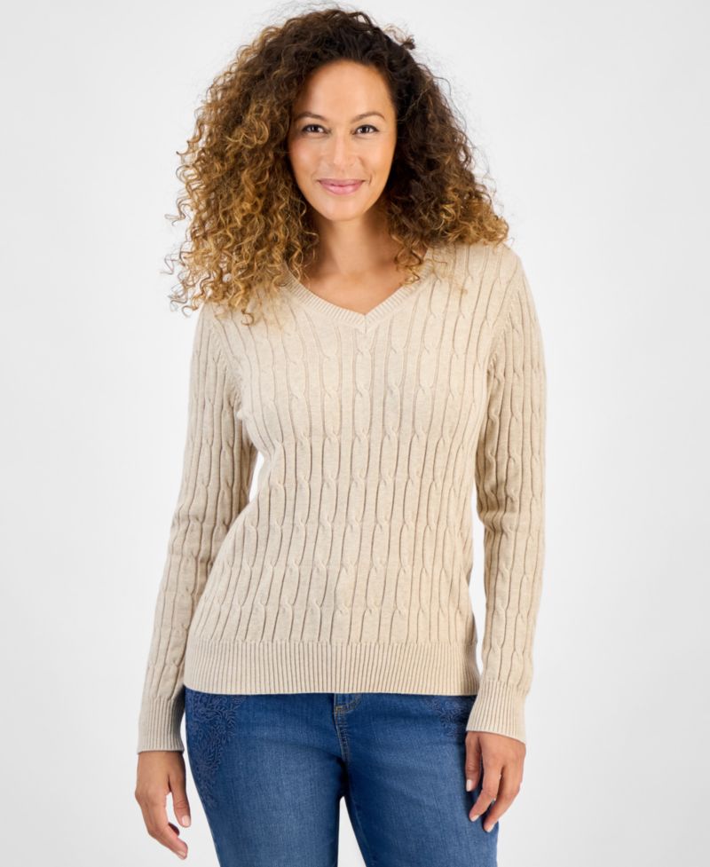 Petite Cotton Cable-Knit V-Neck Sweater