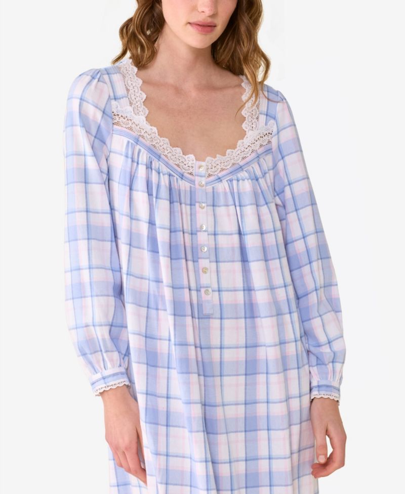 Women's Ballet Long-Sleeve Plaid Lace-Trim V-Neck Nightgown