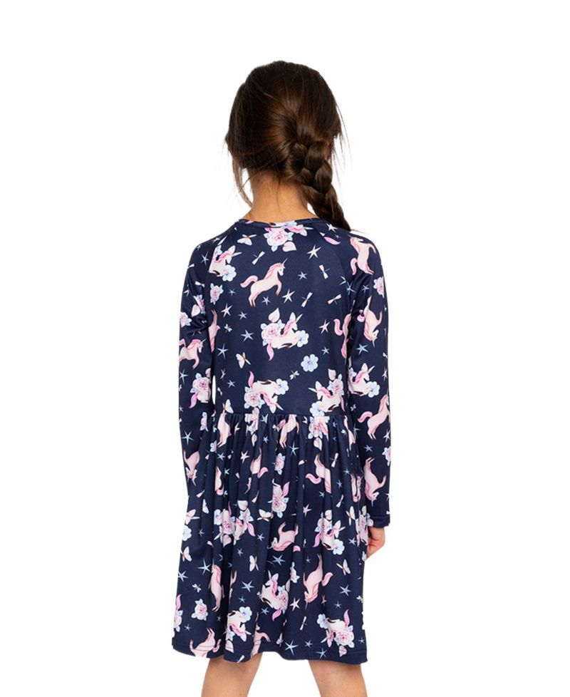 Girls' (6-12) Long Sleeve Unicorn Print Dress