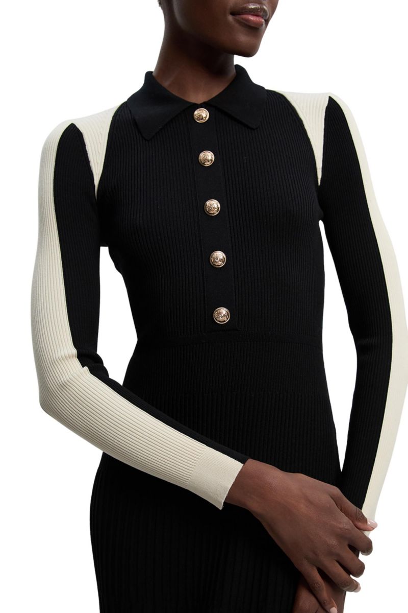 Women's Rib Knit Long Sleeve Military Midi Dress