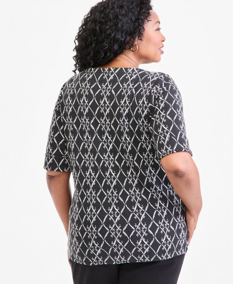 Plus Size Printed Boat-Neck Elbow Sleeve Top