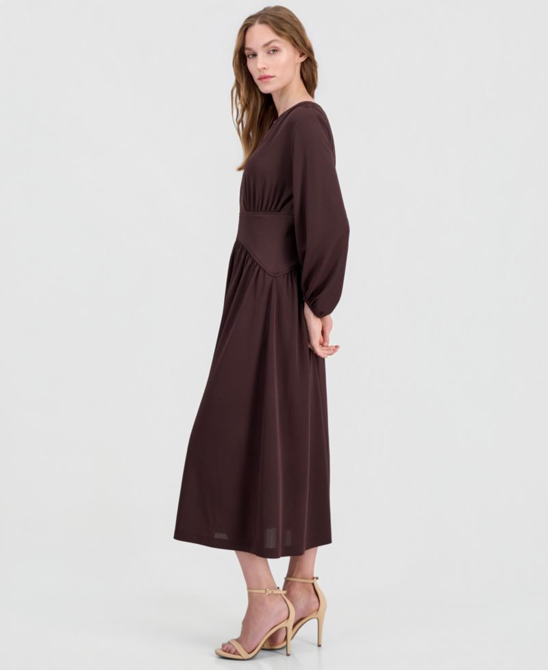 Women's V-Neck Blouson-Sleeve Midi Dress