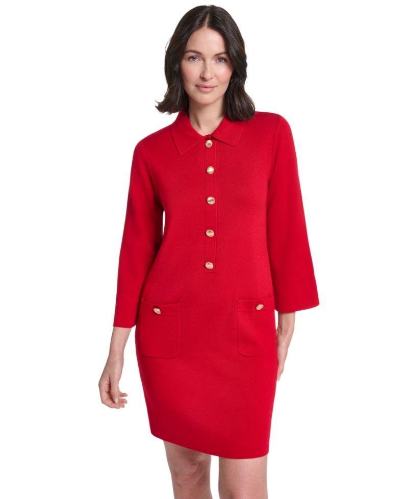 Petite Collared Button-Front Long-Sleeve Midi Dress