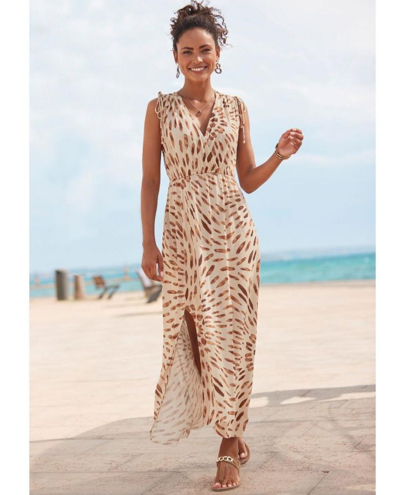 Women's Viscose Printed Tie Detail V-Neck Elastic-Waist Maxi Dress