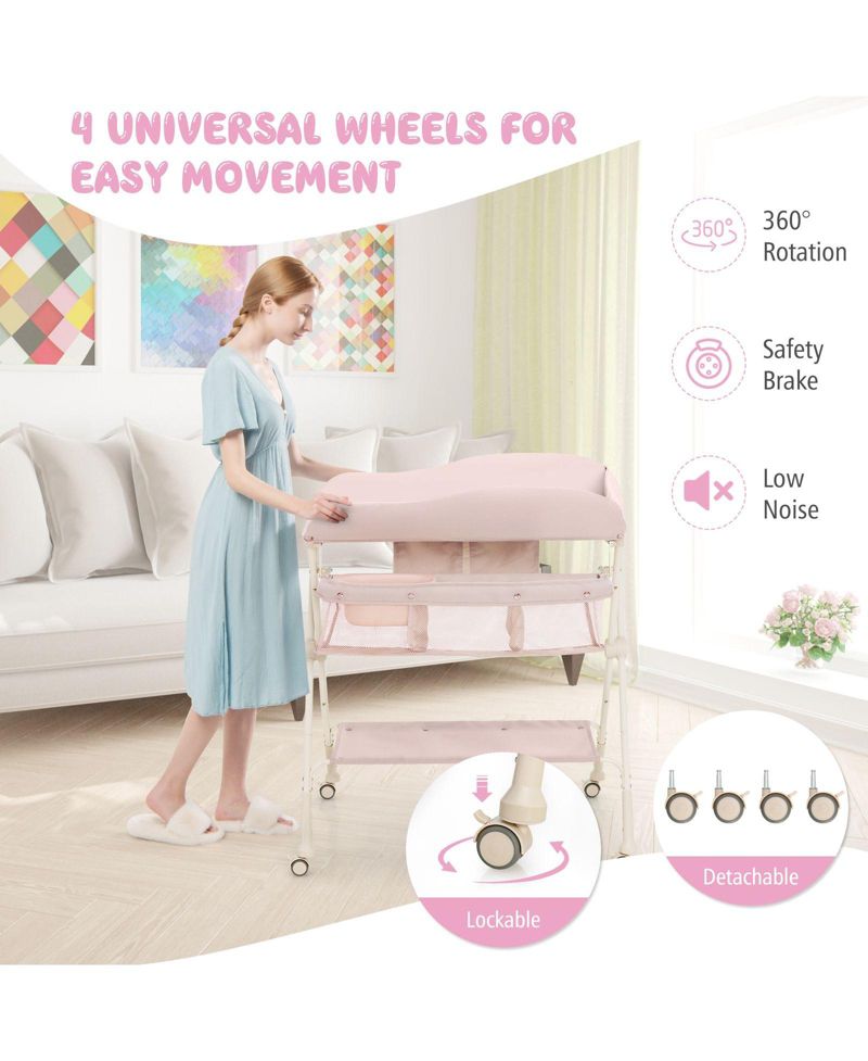 Portable Baby Changing Table with Water Basin and Rolling Wheels for Nursery