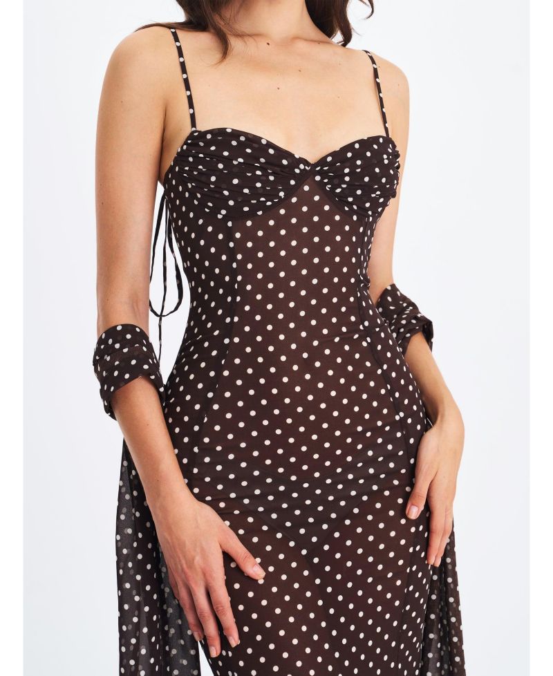 Women's Yadira Brown Base Polka Dot Chiffon Maxi Dress