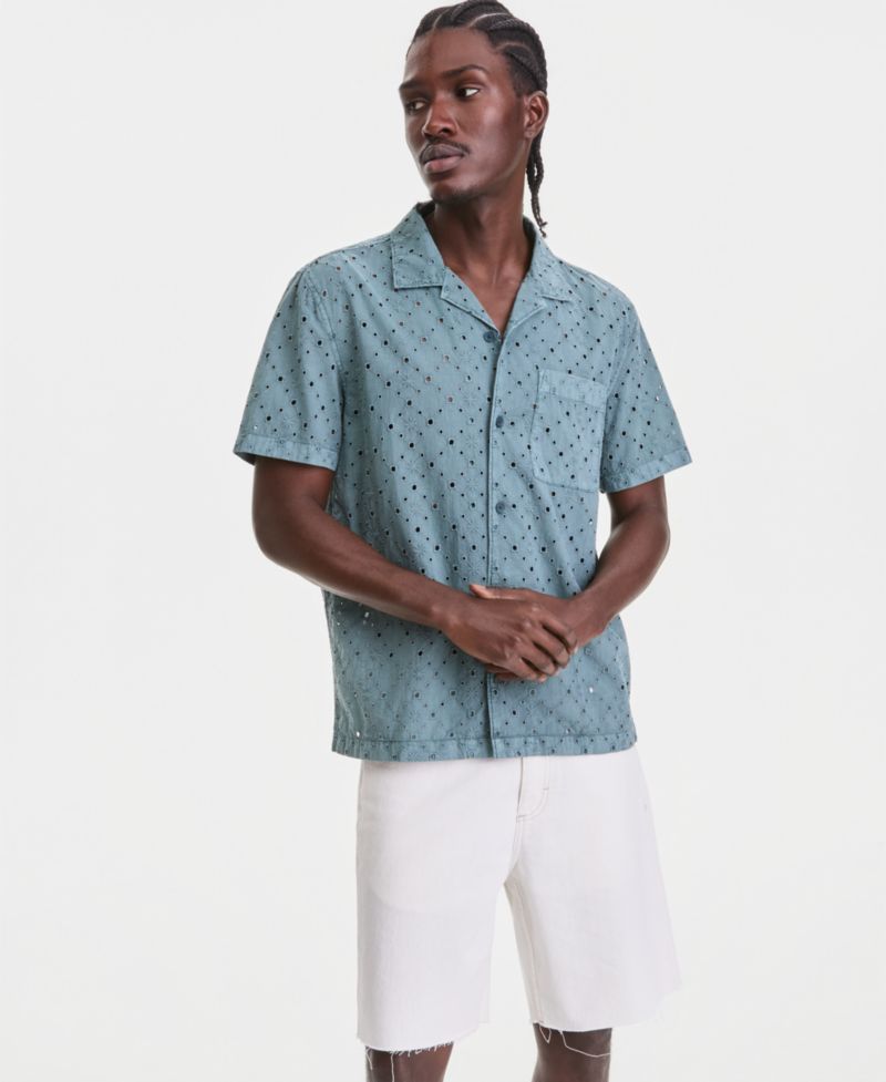 Men's Cotton Eyelet Garment-Dyed Short-Sleeve Camp Shirt