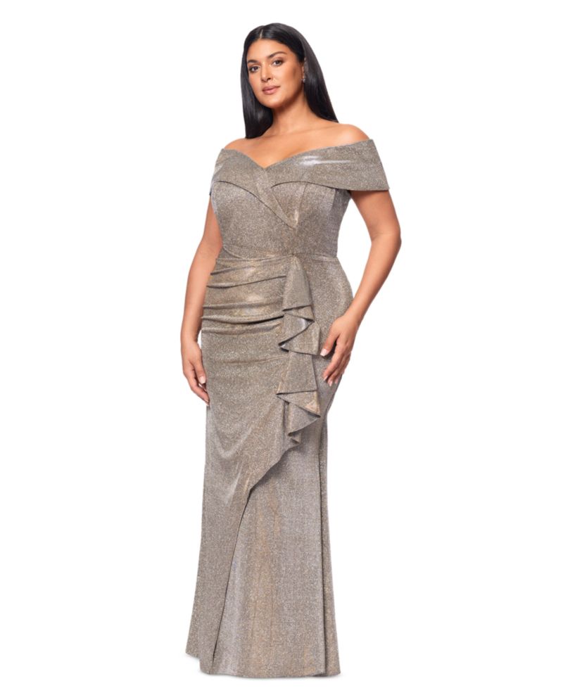 Petite Off-The-Shoulder Ruffled Glitter Gown
