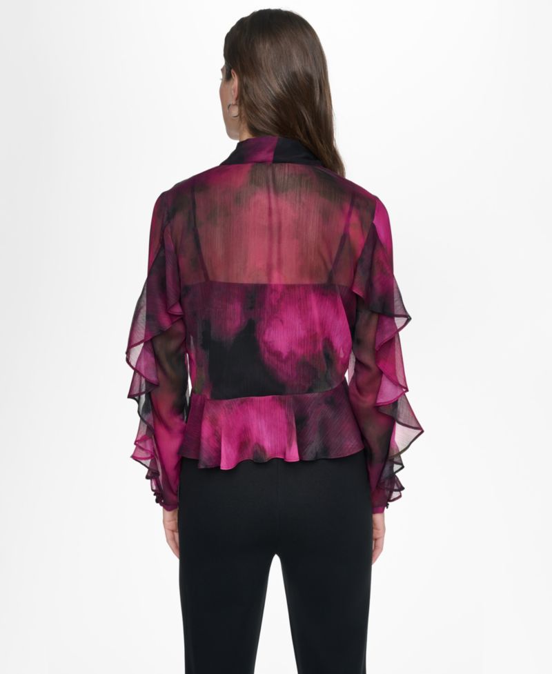 Women's Long-Sleeve Wavy Print Tie-Neck Chiffon Blouse