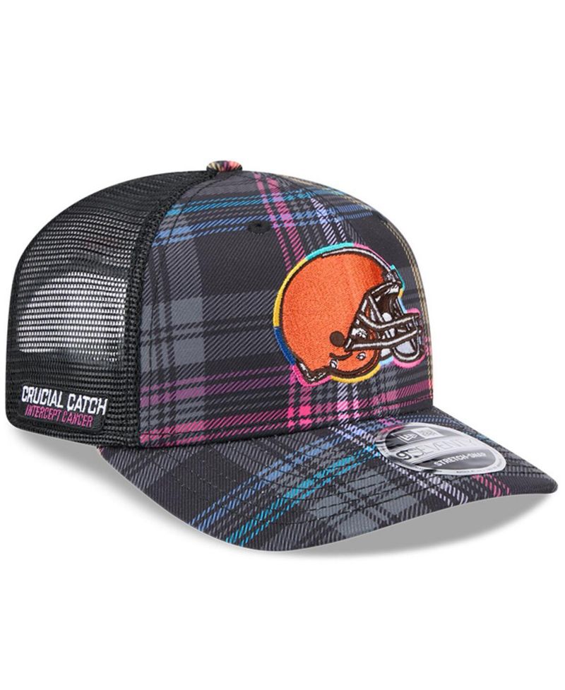 Men's Black Cleveland Browns 2024 NFL Crucial Catch Plaid 9SEVENTY Trucker Snapback Hat