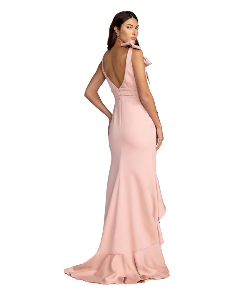 Women's Crepe Sleeveless Ruffled V-Neck Gown With Bow