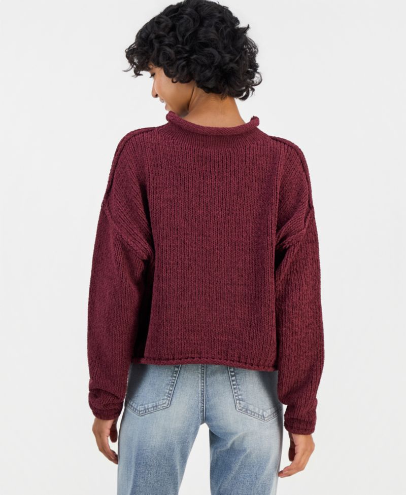 Juniors' Roll Mock Neck Chenille Long-Sleeve Sweater