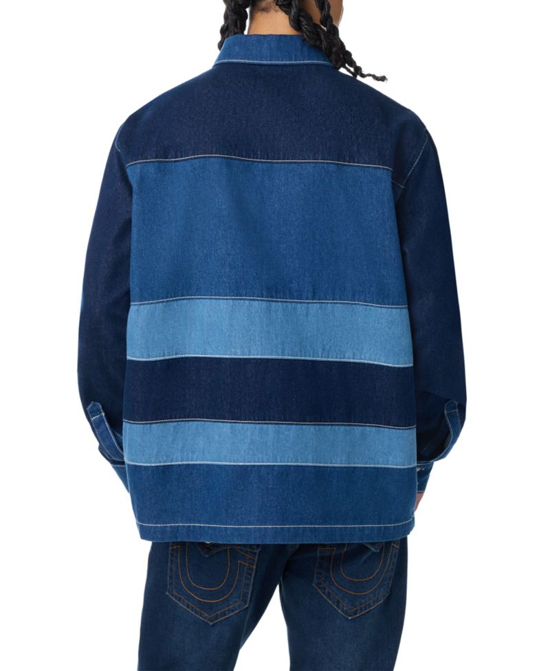Men's Denim Striped Long-Sleeve Polo Shirt