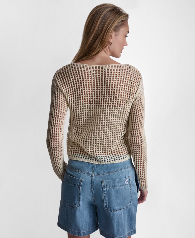 Petite Long-Sleeve Pointelle Crochet Open-Stitch Boat Neck Logo Sweater
