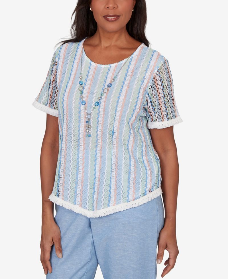 Women's Caribbean Blues Textured Stripe T-Shirt with Necklace