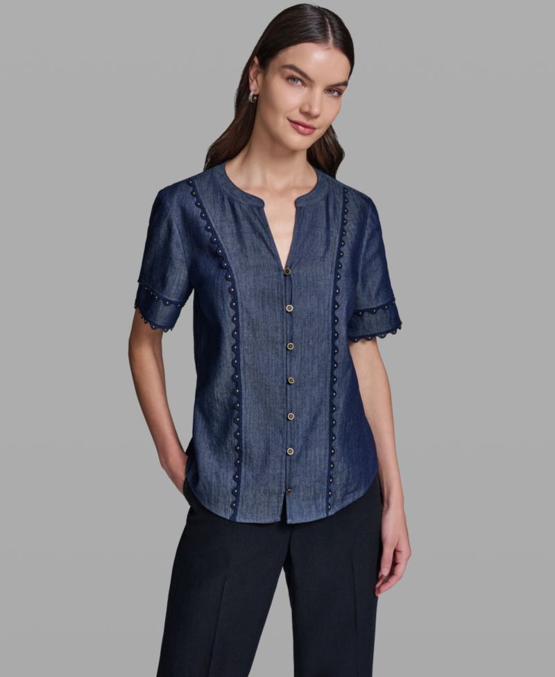 Women's V-Neck Nailhead Trim Short-Sleeve Blouse