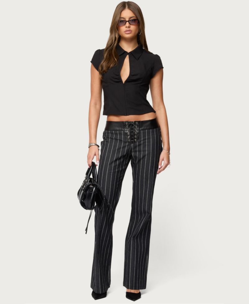 Women's Pinstripe and Faux Leather Low Rise Flared Jeans