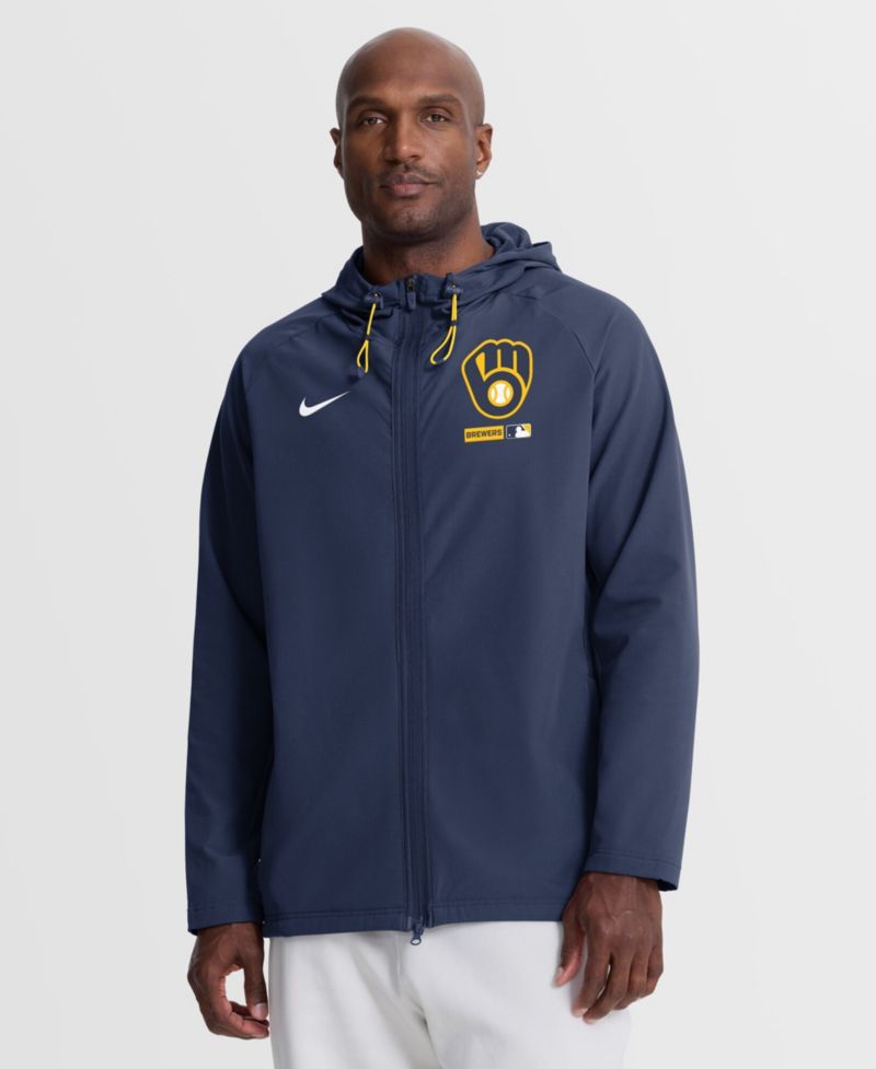 Men's Navy Milwaukee Brewers Authentic Collection Raglan Therma-FIT Full-Zip Hooded Jacket