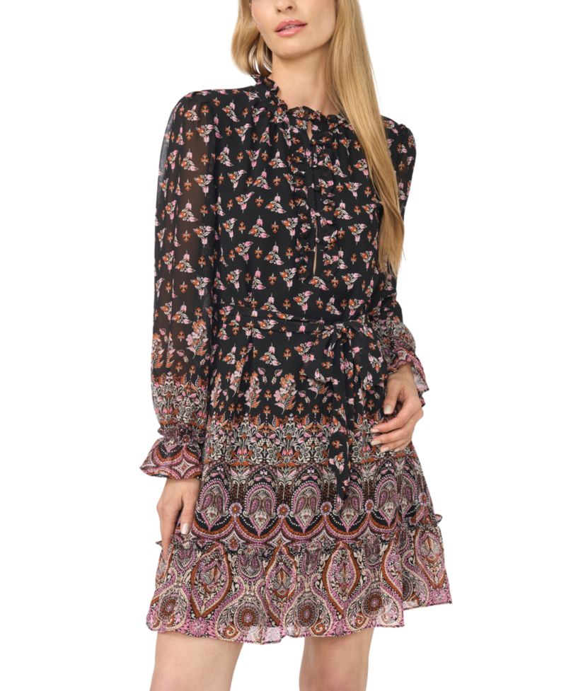 Women's Long-Sleeve Mock Neck Ruffle Mini Dress