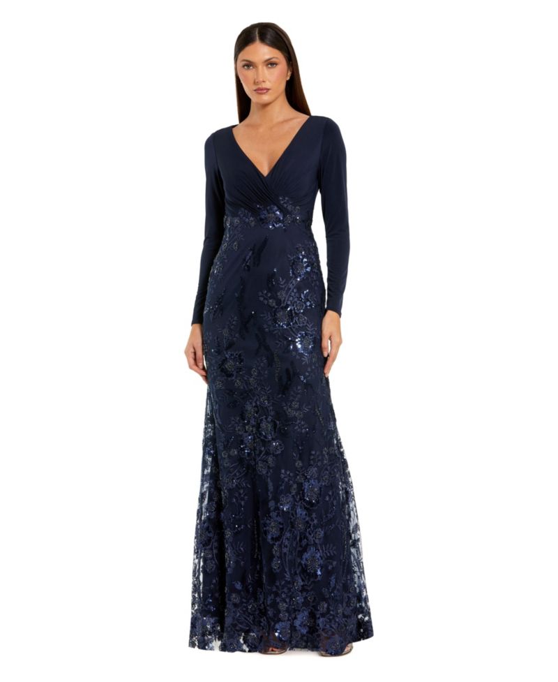 Embellished Long Sleeve Wrap Over Trumpet Gown