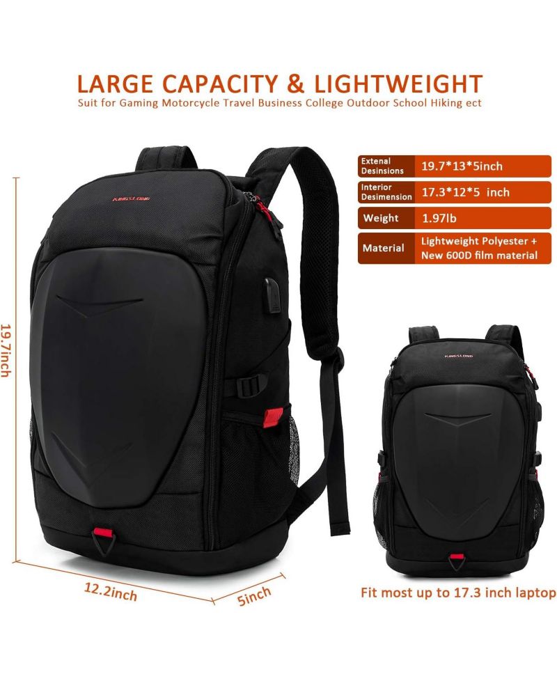Hardshell 7 Inch Laptop Backpack, Armored with USB Port & Rain Cover for Motorcycle, Outdoor, Racing - Waterproof, Matte Black