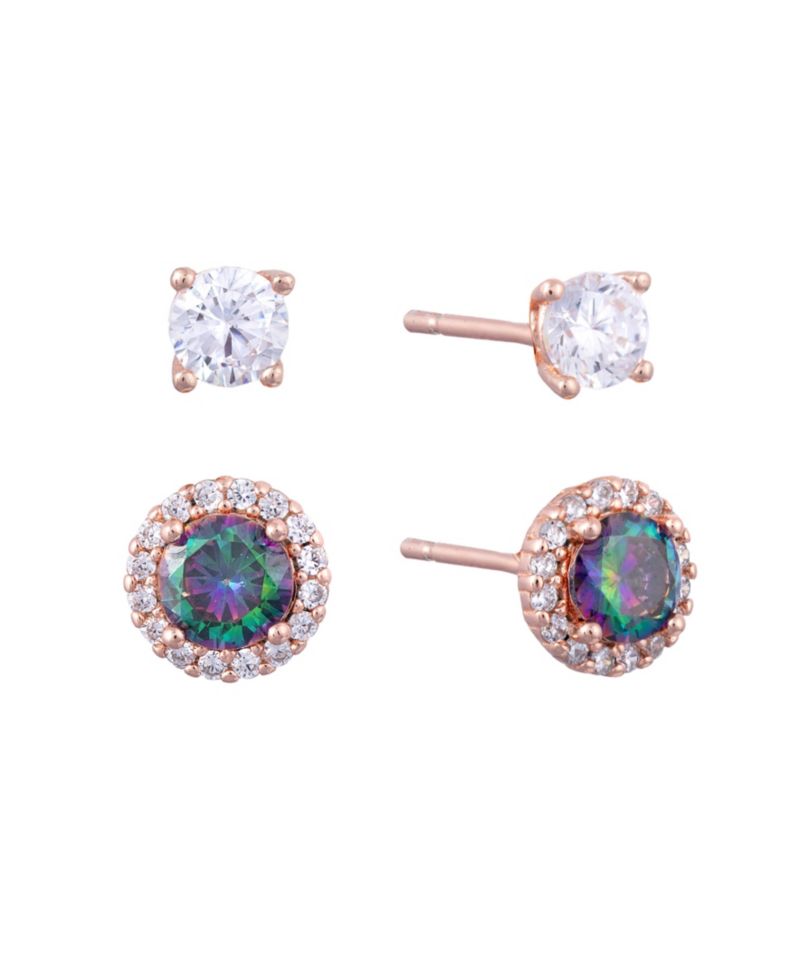Rose Gold Over Sterling Silver 4mm Cubic Zirconia and 5mm Mystic Halo Stud Earring Set