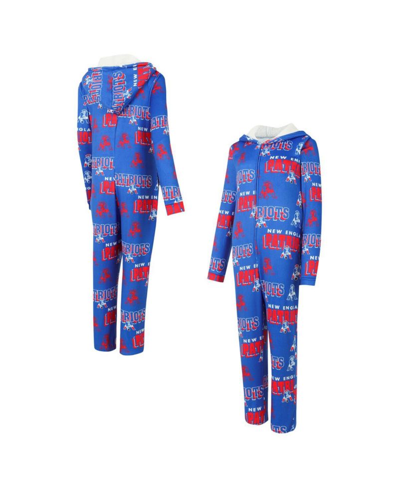 Women's Royal New England Patriots Roadway Allover Print Microfleece Full-Zip Union Suit