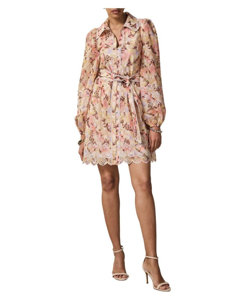 Women's Floral-Print Long-Sleeve Scallop Hemline Mini Dress