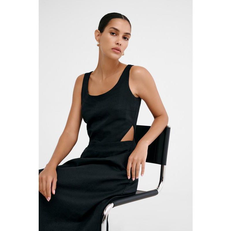 Women's Caroline Linen-Cotton Waist-Cutout A-Line Below-Knee Dress with Pockets