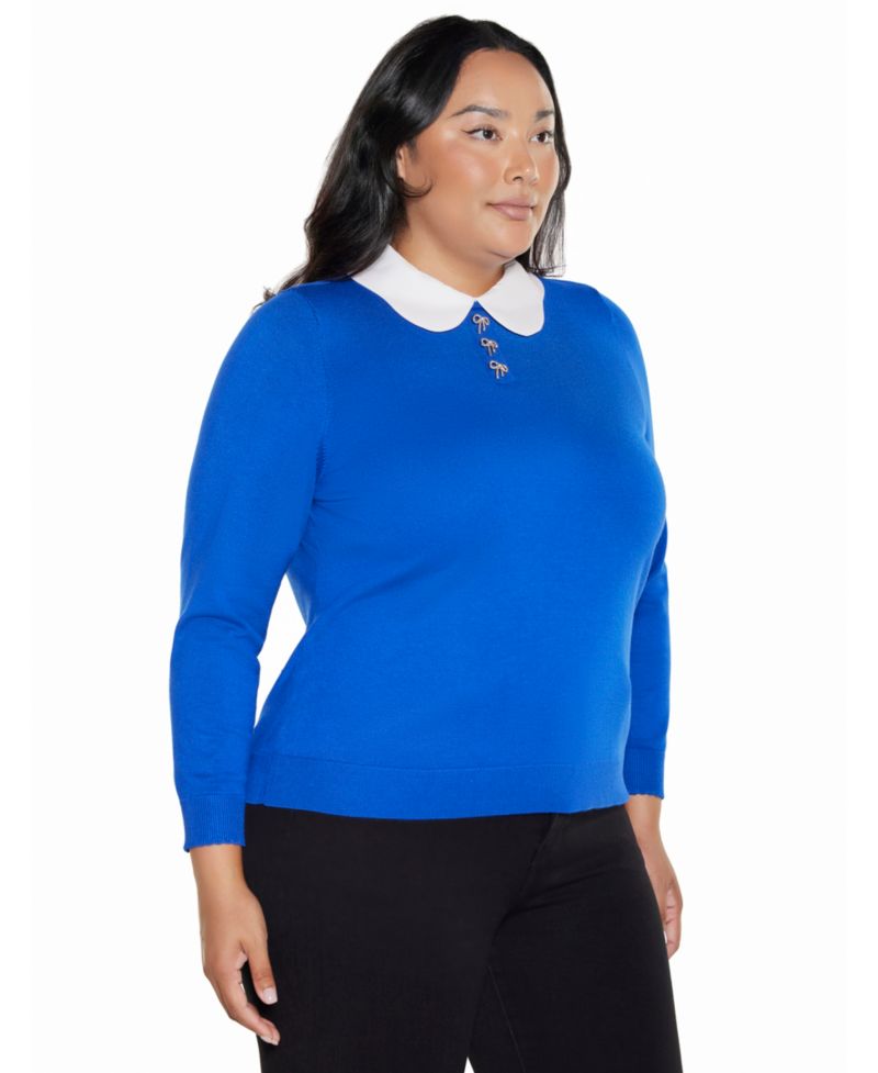 Plus Size Collared Long-Sleeve Bow-Detail Sweater