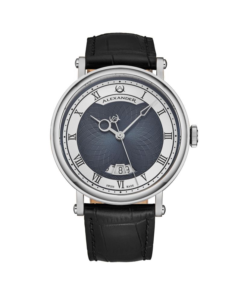 Triumph Men's Swiss Automatic Watch 43mm Silver Tone Stainless Steel Case Blue Dial Sapphire Crystal Black Leather Strap 30M