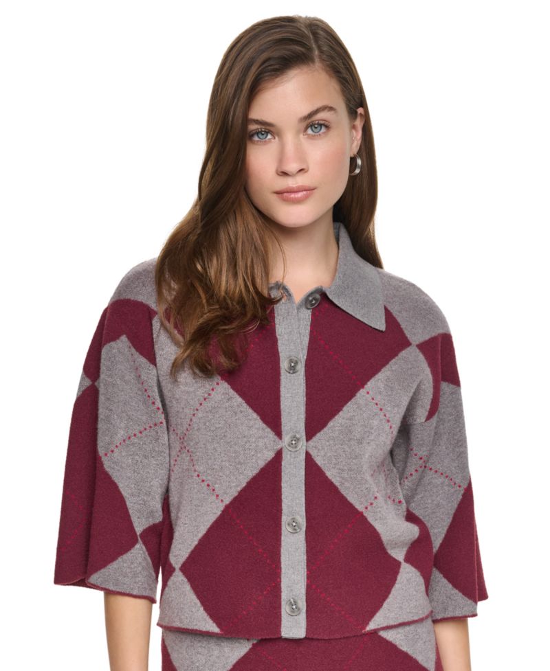 Women's Fuzzy-Knit Argyle Polo Collar Cardigan