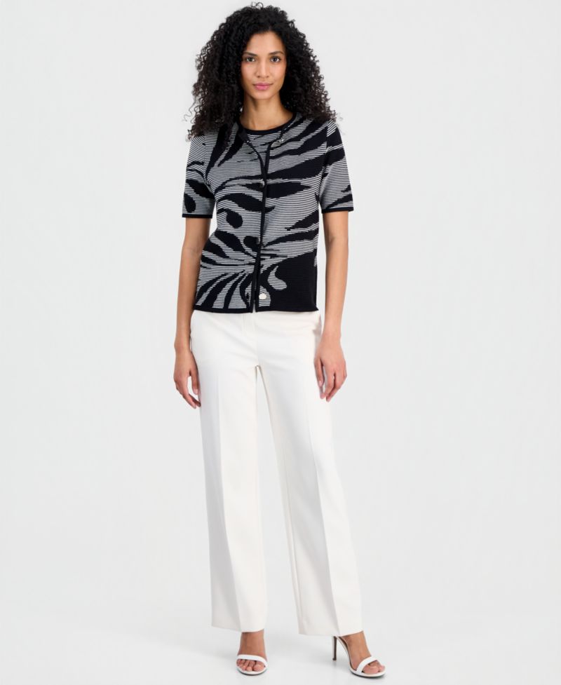 Women's Jacquard-Knit Short-Sleeve Cardigan Sweater