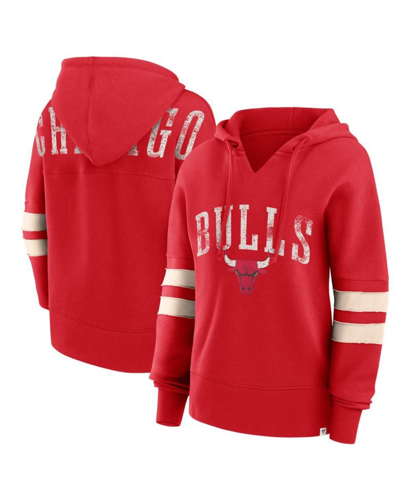 Women's Red Distressed Chicago Bulls Bold Move Dolman V-Neck Pullover Hoodie