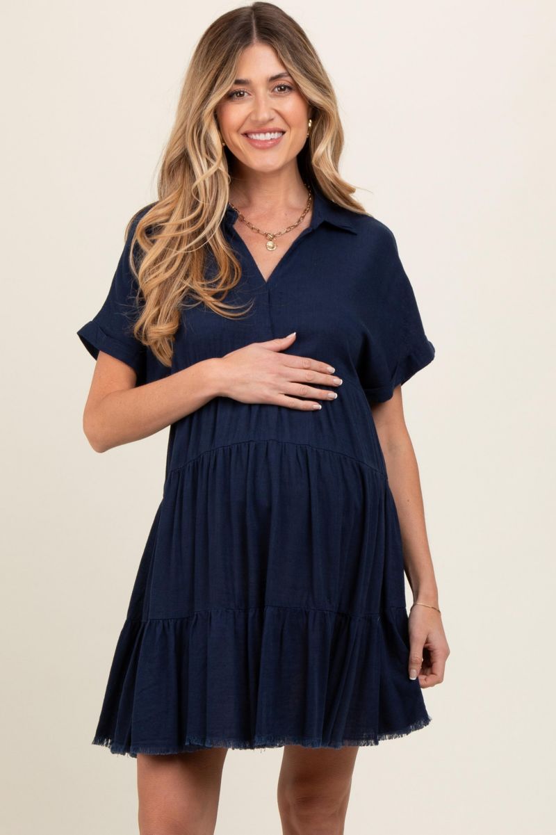 Women's Navy Tiered Linen Dress