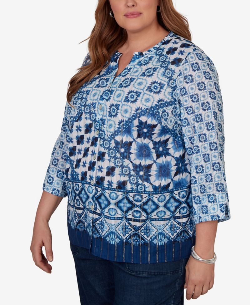 Plus Size Ikat Tie-Dye Patchwork Henley Top