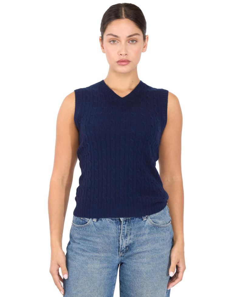 Women's 100% Cashmere V Neck Cable-knit Sweater Vest