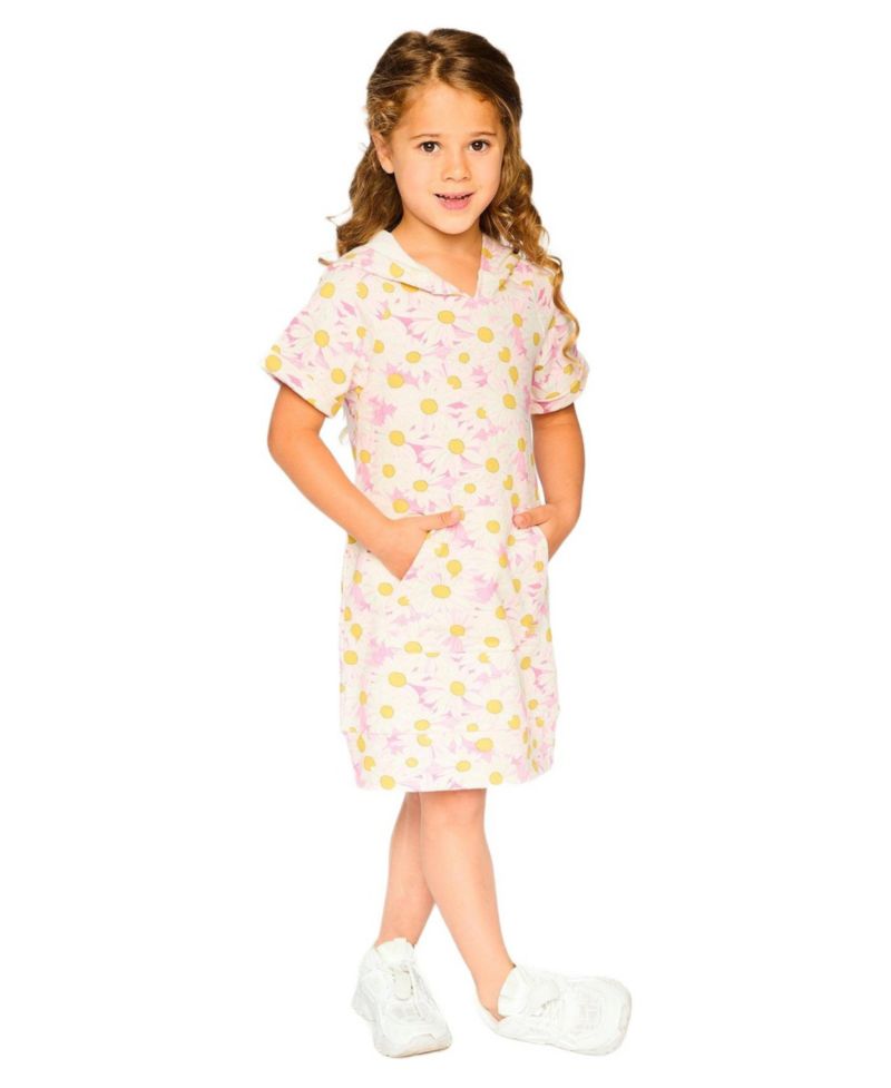 Little Girls French Terry Hooded Dress Printed Daisies