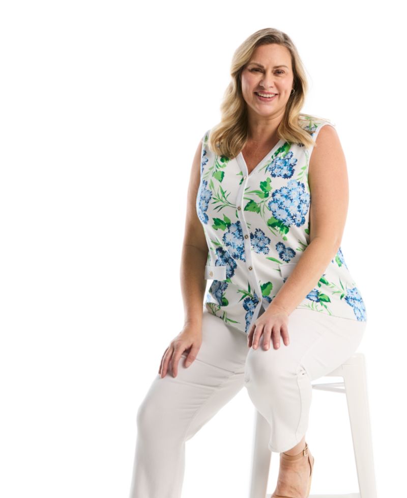Plus Size Pom Floral Print Button-Front Sleeveless Tank Top